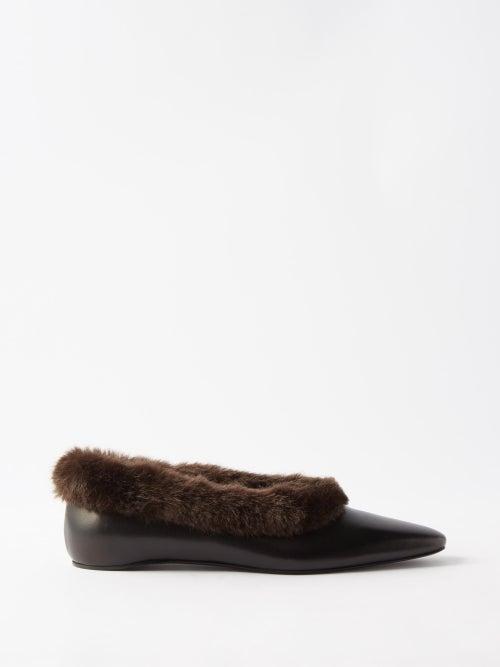 Toteme - Faux Fur-trim Leather Ballet Flats - Womens - Black