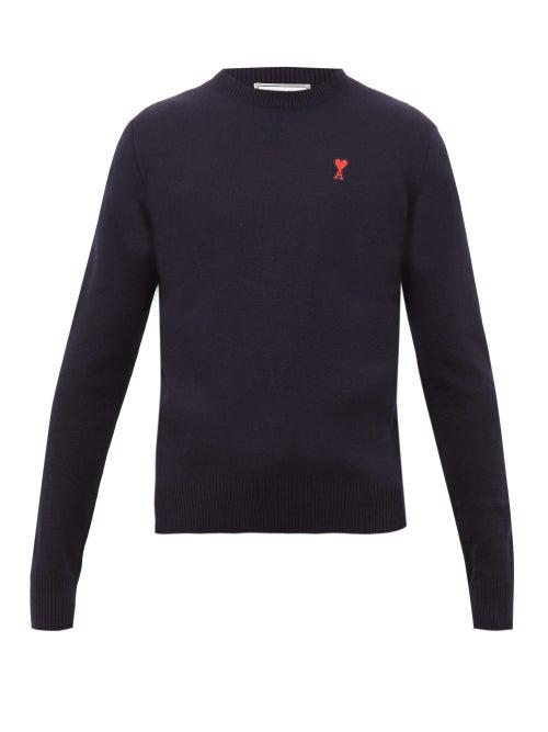 Matchesfashion.com Ami - Logo Appliqu Merino Wool Sweater - Mens - Navy