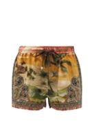 Matchesfashion.com F.r.s - For Restless Sleepers - Glauca Palm-print Silk-satin Shorts - Womens - Orange Print