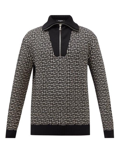 Balmain - Monogram-jacquard Merino-blend Zip-neck Sweater - Mens - Black