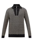 Balmain - Monogram-jacquard Merino-blend Zip-neck Sweater - Mens - Black