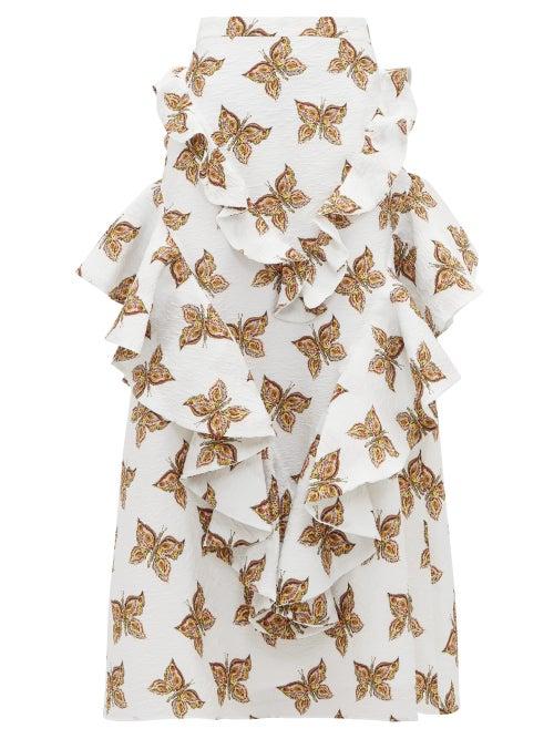 Matchesfashion.com Rodarte - Butterfly Print Flounced Cloqu Maxi Skirt - Womens - White Multi