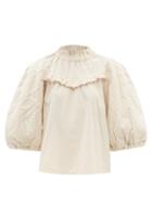 Sea - Layla Puff-sleeves Quilted-cotton Blouse - Womens - Beige