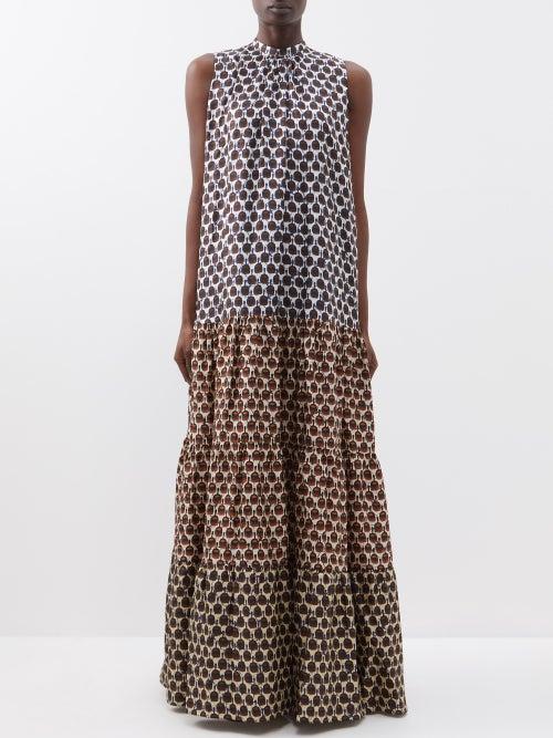 Biyan - Iglo Printed Gathered Silk Maxi Dress - Womens - Navy Brown