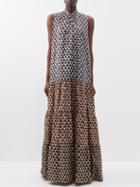Biyan - Iglo Printed Gathered Silk Maxi Dress - Womens - Navy Brown