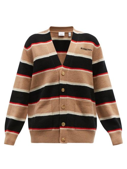 Burberry - Logo-embroidered Striped Wool-blend Cardigan - Mens - Brown Multi