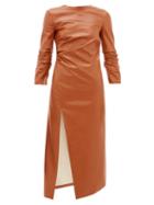 Matchesfashion.com A.w.a.k.e. Mode - Gathered Side-slit Faux-leather Dress - Womens - Mid Brown