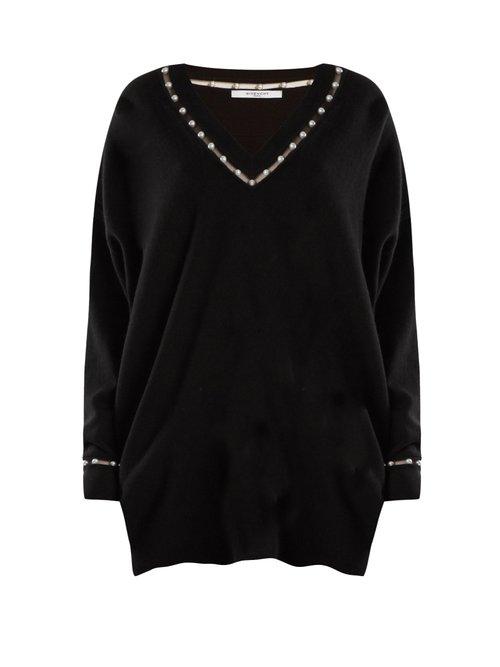 Matchesfashion.com Givenchy - Pearl Embellished V Neck Wool Blend Sweater - Womens - Black
