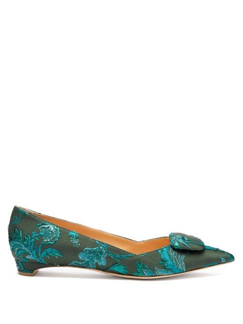 Matchesfashion.com Rupert Sanderson - Aga Point Toe Brocade Flats - Womens - Green