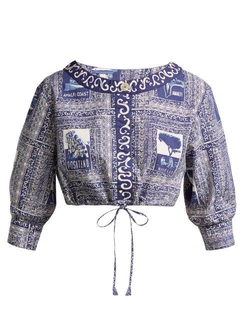 Matchesfashion.com Le Sirenuse, Positano - Emma Postcard Print Cotton Crop Top - Womens - Dark Blue