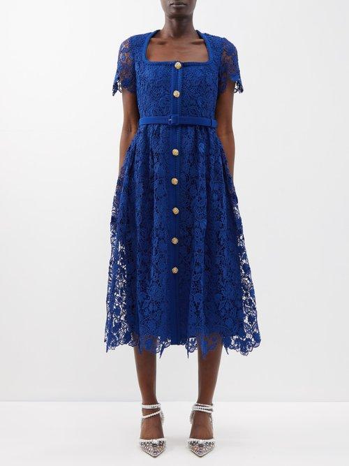 Self-portrait - Belted Guipure-lace Midi Dress - Womens - Dark Blue