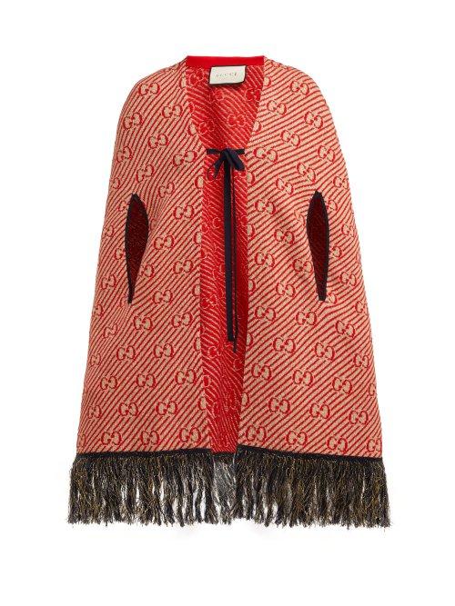 Matchesfashion.com Gucci - Fringed Gg Jacquard Wool Cape - Womens - Red