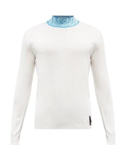 Mens Rtw Fendi - Ff Vertigo-jacquard High-neck Wool-blend Sweater - Mens - White