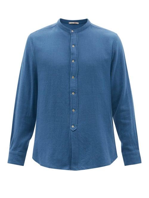 Pro - Collarless Logo-embroidered Wool-twill Shirt - Mens - Blue