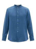 Pro - Collarless Logo-embroidered Wool-twill Shirt - Mens - Blue