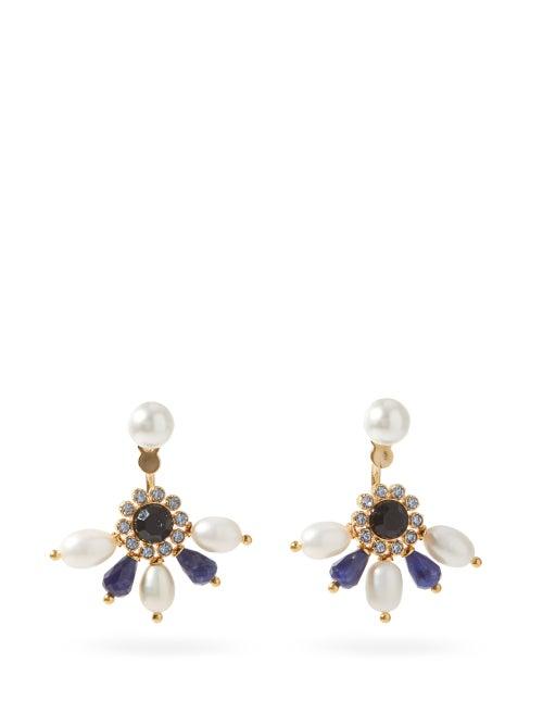 Matchesfashion.com Erdem - Crystal & Faux-pearl Fan Earrings - Womens - Blue Gold