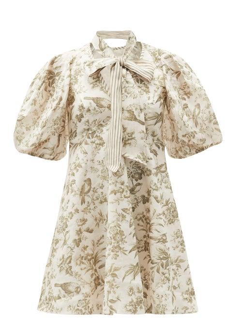 Matchesfashion.com Zimmermann - Puff-sleeve Bird-print Linen Mini Dress - Womens - White Print