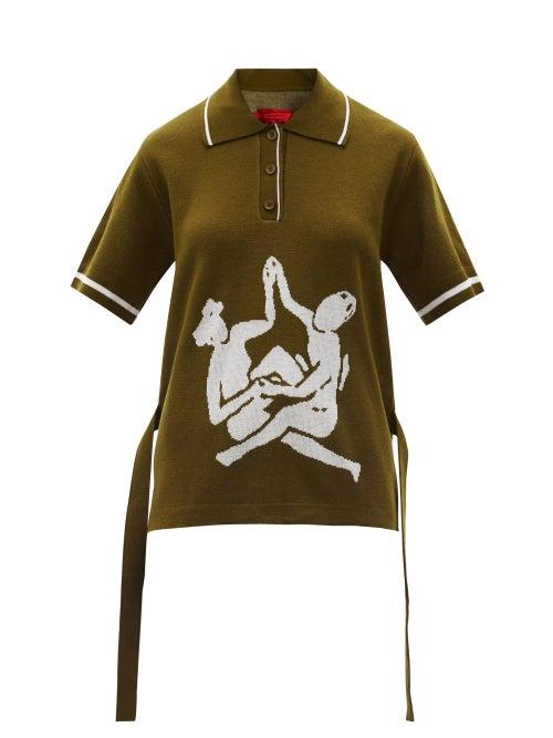 Matchesfashion.com Thebe Magugu - Sisterhood Logo-intarsia Knitted Polo Shirt - Womens - Khaki