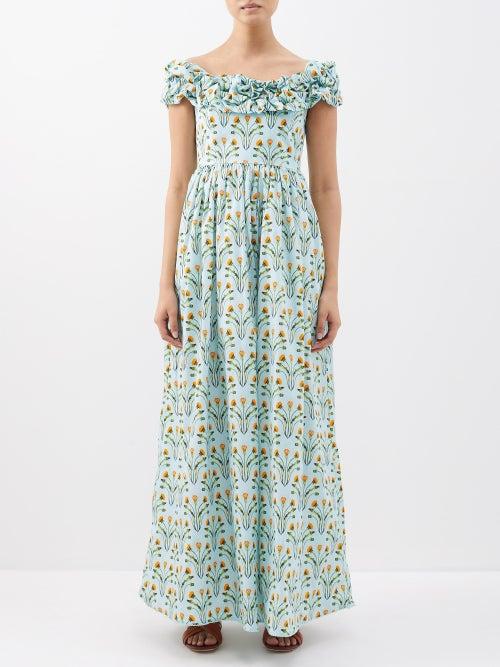 Agua By Agua Bendita - Espliego Ruffled Floral-print Cotton Maxi Dress - Womens - Blue Print