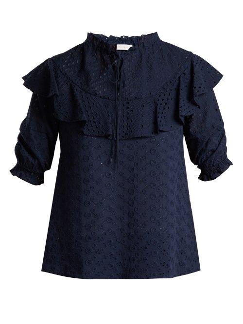 Matchesfashion.com See By Chlo - Floral Embroidered Cotton Blouse - Womens - Navy