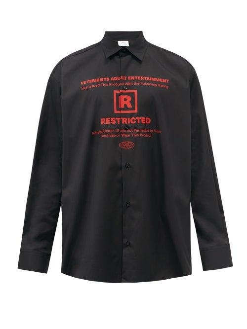 Mens Rtw Vetements - R-rated Logo-print Cotton-poplin Shirt - Mens - Black