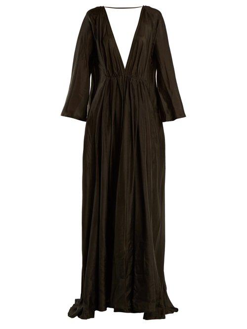 Matchesfashion.com Kalita - Clemence Deep V Neck Silk Maxi Dress - Womens - Dark Grey