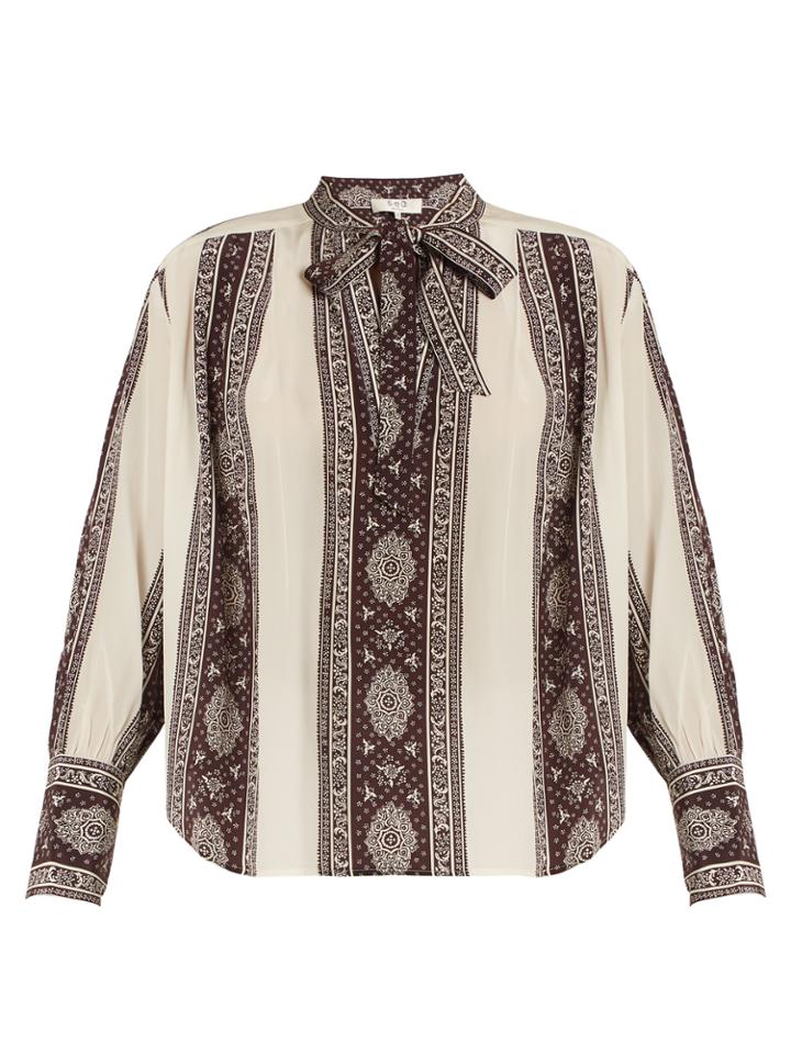 Sea Striped-paisley Print Tie-neck Silk Blouse