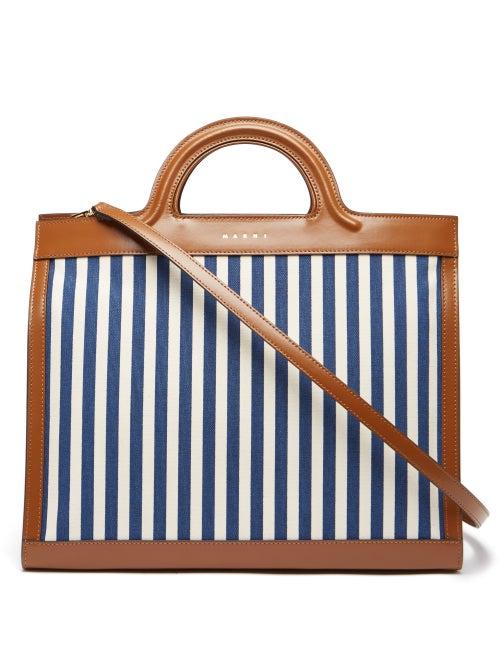 Marni - Summer Striped-canvas And Leather Tote - Womens - Blue Stripe