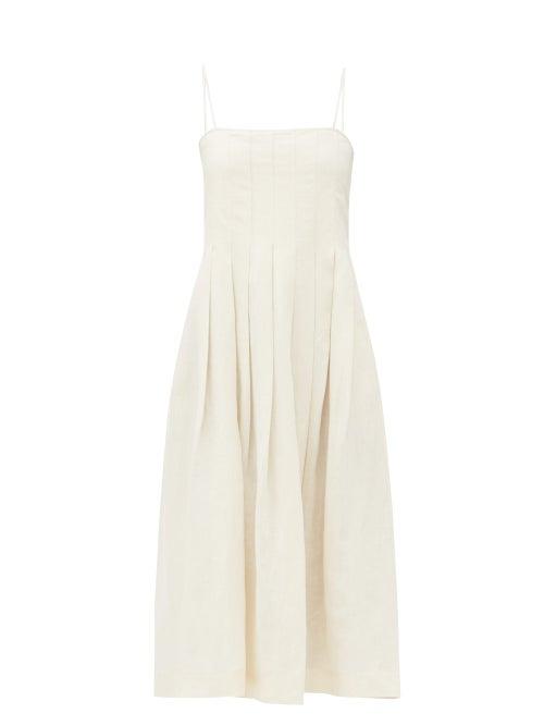 Matchesfashion.com Three Graces London - Lucia Pleated Linen Midi Dress - Womens - Ivory