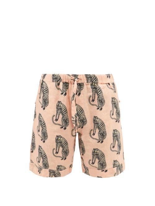 Desmond & Dempsey - Sansindo Tiger-print Linen Pyjama Shorts - Mens - Pink Multi
