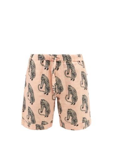 Desmond & Dempsey - Sansindo Tiger-print Linen Pyjama Shorts - Mens - Pink Multi