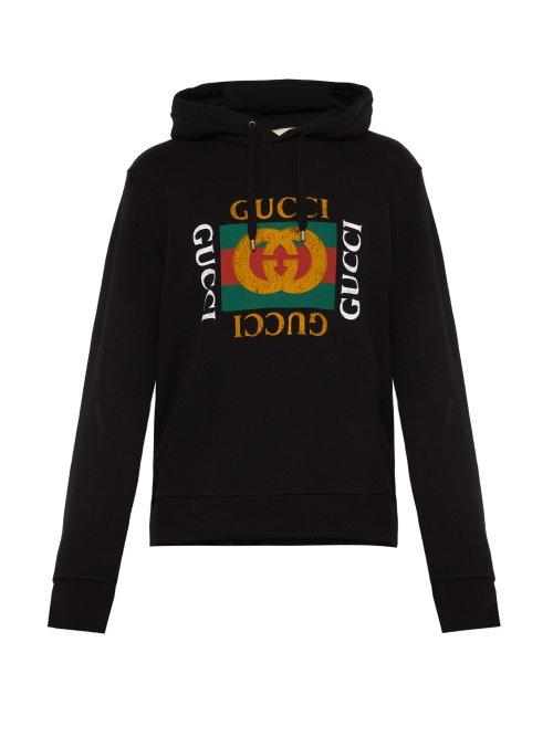 Matchesfashion.com Gucci - Fake Logo Print Cotton Jersey Hooded Sweatshirt - Mens - Black