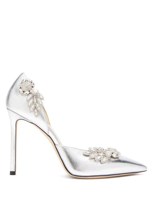 Matchesfashion.com Jimmy Choo - Teja 100 Crystal-brooch Leather D'orsay Pumps - Womens - Silver