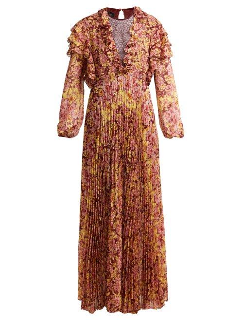 Matchesfashion.com Giambattista Valli - Pleated Floral Print Silk Dress - Womens - Burgundy Print
