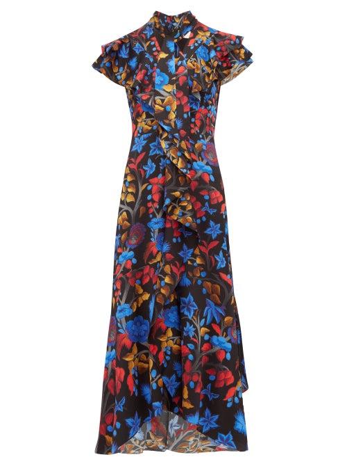 Matchesfashion.com Peter Pilotto - Ruffled Cap Sleeve Silk Midi Dress - Womens - Navy Multi