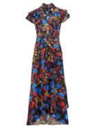 Matchesfashion.com Peter Pilotto - Ruffled Cap Sleeve Silk Midi Dress - Womens - Navy Multi