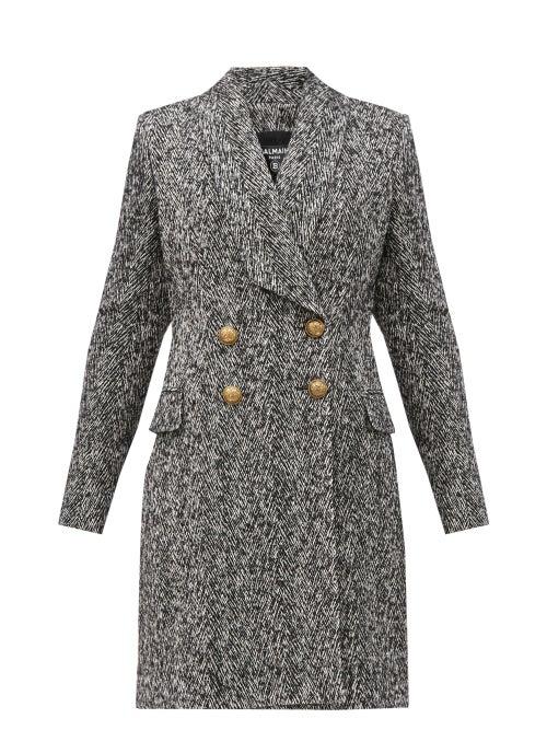 Matchesfashion.com Balmain - Double-breasted Herringbone Coat - Womens - Black White