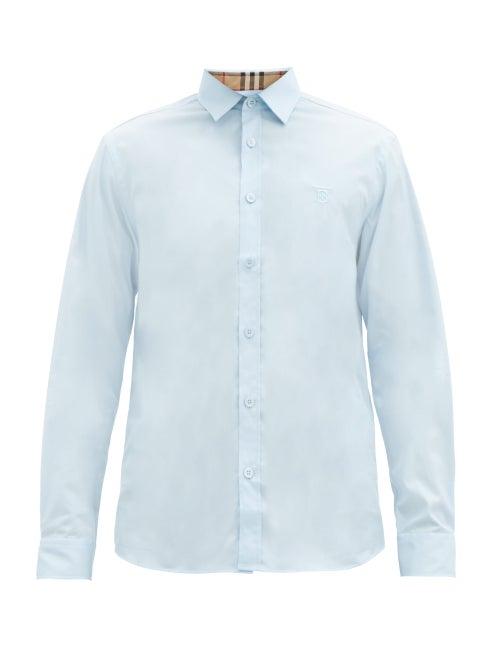 Matchesfashion.com Burberry - Sherwood Checked-trim Cotton-blend Poplin Shirt - Mens - Blue