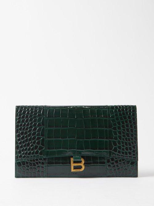 Balenciaga - Hourglass Croc-embossed Leather Pouch - Womens - Dark Green