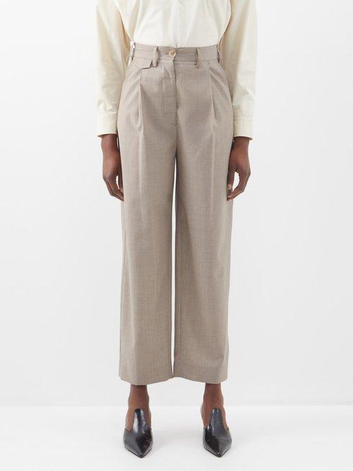 Toteme - Pleated Cropped Wool Trousers - Womens - Light Beige