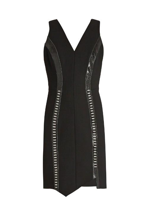 Mugler Leather-panelled V-neck Wool-blend Dress