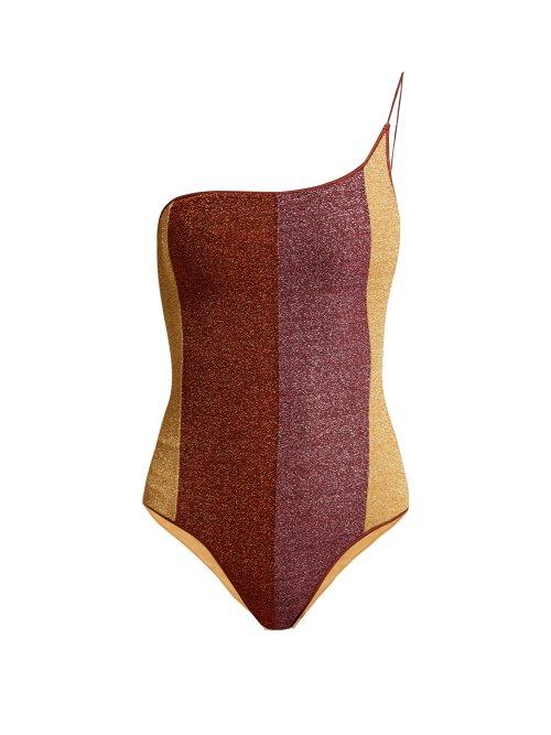 Matchesfashion.com Oseree - Lumire One Shoulder Striped Metallic Swimsuit - Womens - Burgundy Multi