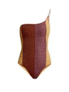 Matchesfashion.com Oseree - Lumire One Shoulder Striped Metallic Swimsuit - Womens - Burgundy Multi