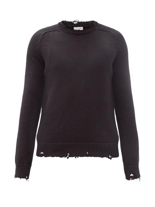 Mens Rtw Saint Laurent - Distressed Cotton Sweater - Mens - Black