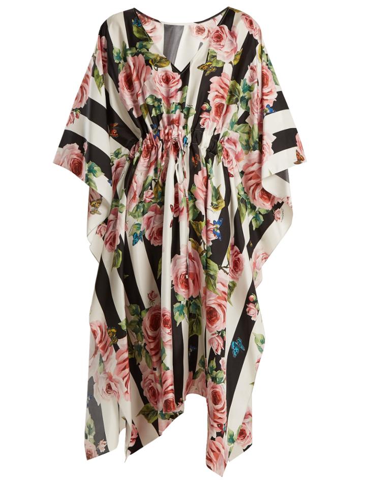 Dolce & Gabbana Rose-print Striped Silk-twill Kaftan