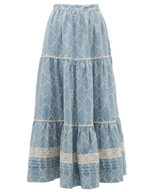 Matchesfashion.com Gucci - Tiered Gg Broderie Anglaise Cotton Skirt - Womens - Blue White