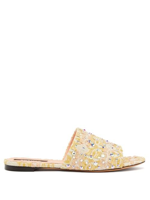 Matchesfashion.com Rochas - Crystal-embellished Floral-jacquard Slides - Womens - Yellow Multi