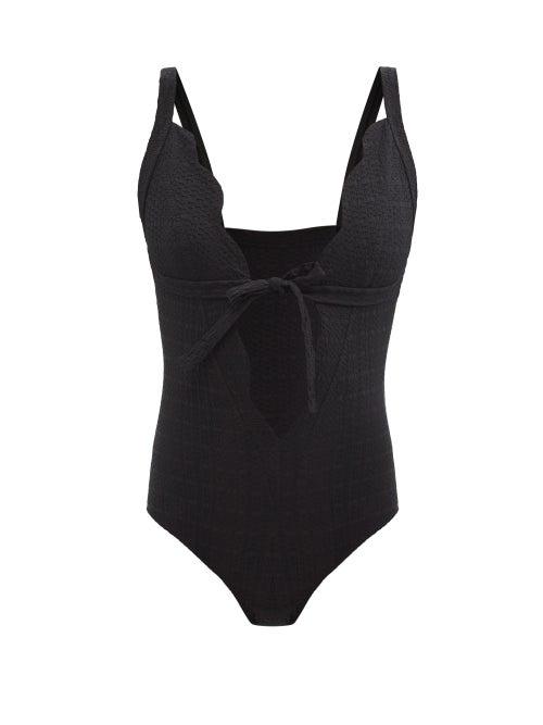 Ladies Beachwear Lisa Marie Fernandez - Scalloped Tie-front Textured-jersey Swimsuit - Womens - Black