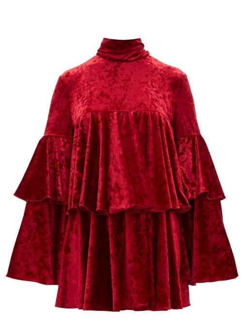 Matchesfashion.com Sara Battaglia - High Neck Crushed Velvet Mini Dress - Womens - Red
