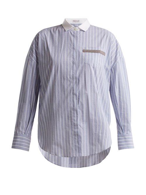 Matchesfashion.com Brunello Cucinelli - Embellished Pocket Striped Cotton Blend Shirt - Womens - Blue Multi